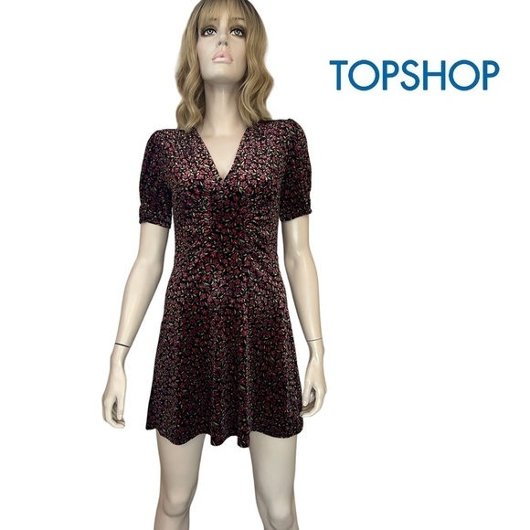 Topshop Dress Velvet Stretch Velour Floral Short Sleeve Pull on Super Soft NWOT - Picture 1 of 13